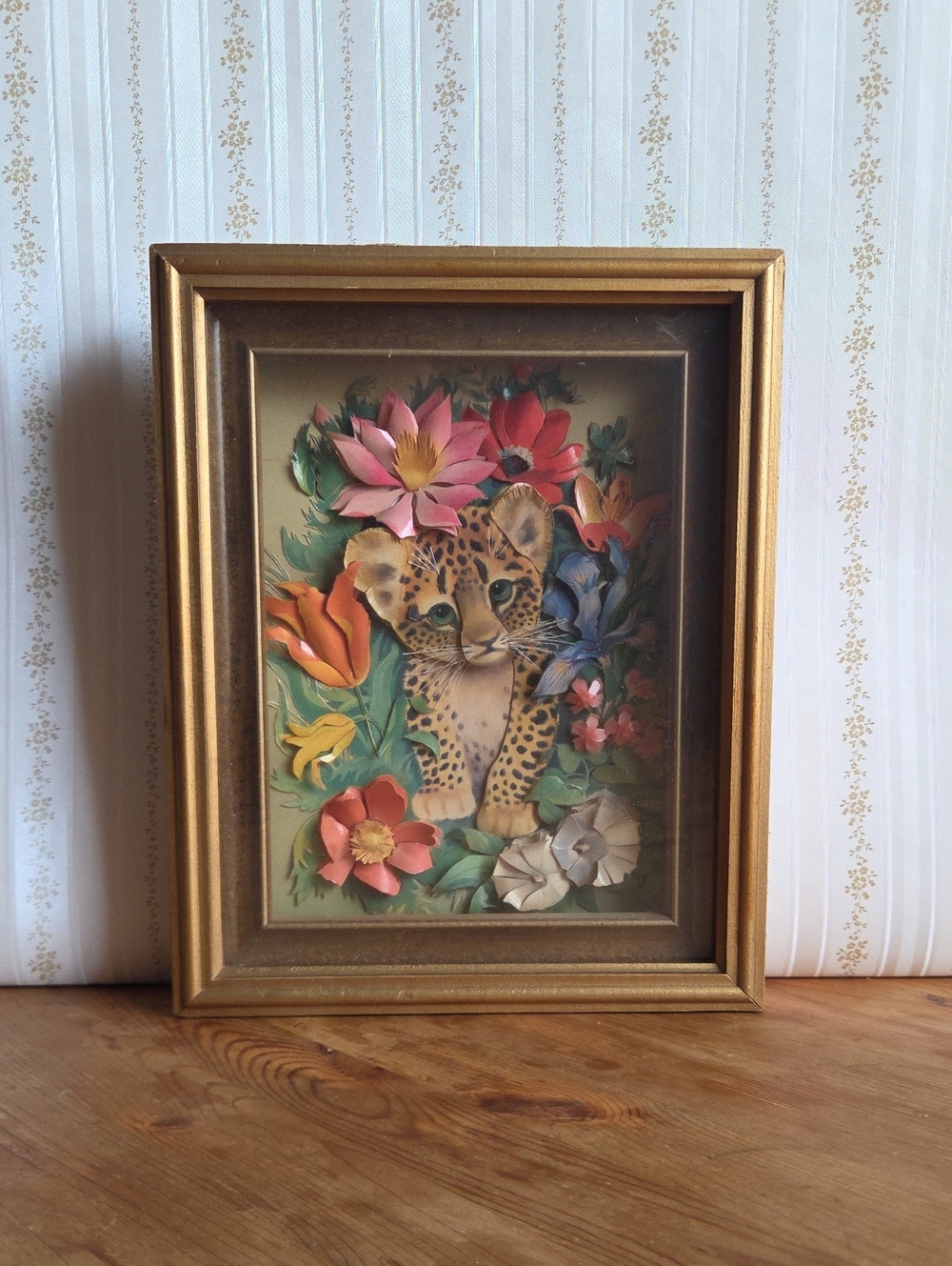 VTG 3D Paper Tole Leopard Cub Art Shadow Box Maximalist Jungle Botanical 8x10